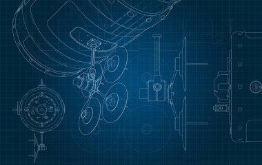 Bir uzay uydusunun ve parçalarının mavi milimetre substrat üzerinde çizimi