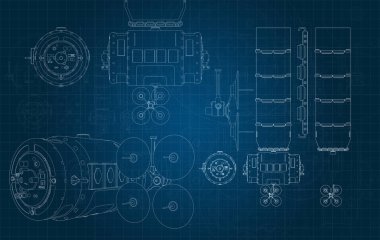 Bir uzay uydusunun ve parçalarının mavi milimetre substrat üzerinde çizimi