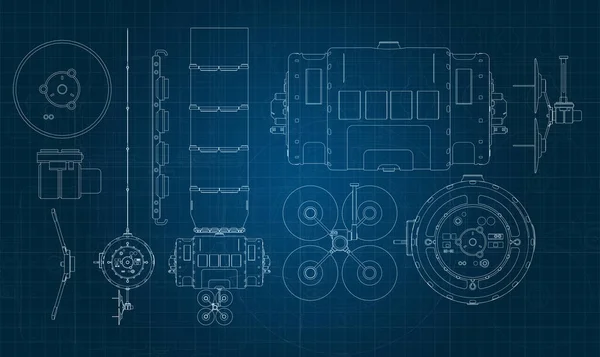 Dibujo Satélite Espacial Sus Partes Sobre Sustrato Azul Milimétrico —  Fotos de Stock