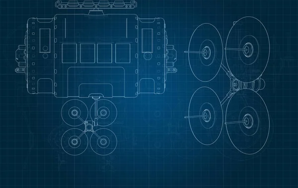 drawing of a space satellite and its parts on a blue millimeter substrate