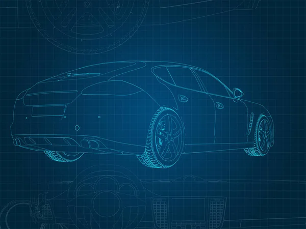 drawing of a car and its parts on a blue millimeter substrate