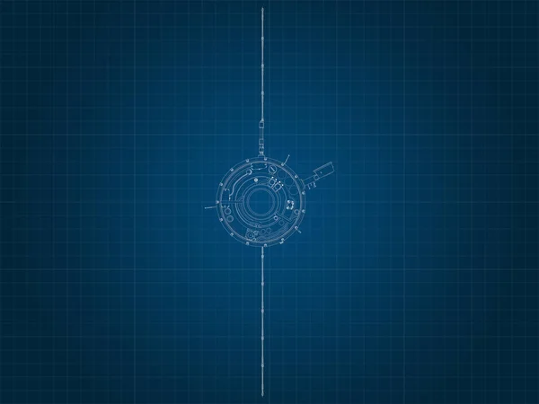 蓝色图片纸上的宇宙飞船及其部件的草图轮廓 — 图库照片