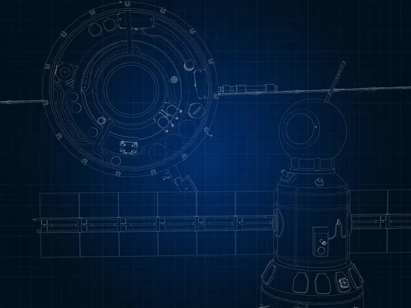 Utarbetande Silhuett Rymdskepp Och Dess Delar Blått Diagrampapper — Stockfoto