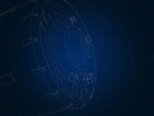 Silhueta Desenho Nave Espacial Suas Partes Papel Gráfico Azul — Fotografia de Stock