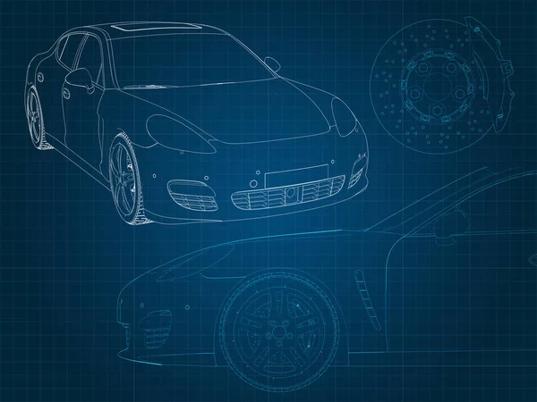 青いミリの基材に車とその部品を描き ストック画像