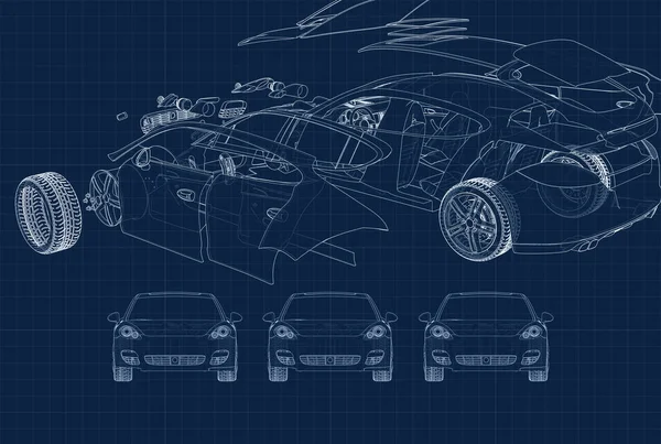 Desenho Carro Suas Partes Substrato Azul Milímetros — Fotografia de Stock