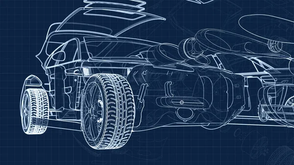Desenho Carro Suas Partes Substrato Azul Milímetros — Fotografia de Stock