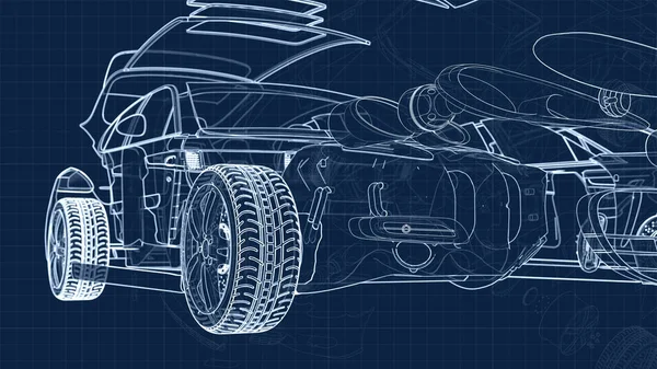 Dibujo Automóvil Sus Partes Sobre Sustrato Azul Milimétrico —  Fotos de Stock