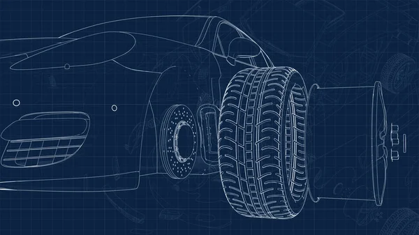 Tekening Van Een Auto Zijn Onderdelen Een Blauw Millimetersubstraat — Stockfoto