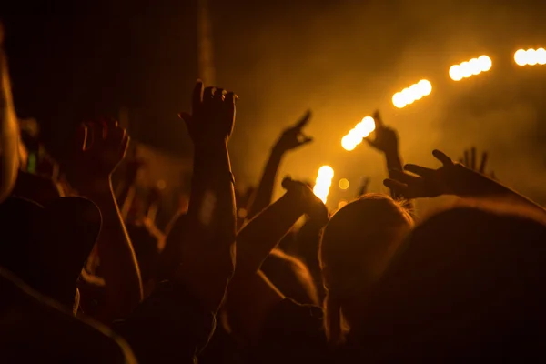 明るいステージライトの前のコンサート群集のシルエット  — 無料ストックフォト
