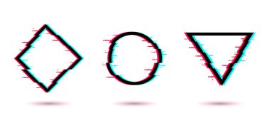 Vektör hatası ayarlandı. Dijital çarpıtılmış geometrik şekiller kare, üçgen, daire, eşkenar dörtgen. TV bozulması logosu.