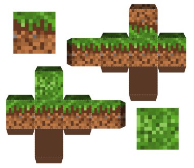 Papercraft Mini Dirt Block. Papercraft 5 Klasik Bloklar. Piksel arkaplan. Oyun geçmişi konsepti. Minecraft konsepti. Vektör illüstrasyonu
