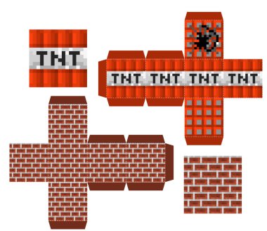 Papercraft Mini Dirt Block. Papercraft 5 Klasik Bloklar. Piksel arkaplan. Oyun geçmişi konsepti. Minecraft konsepti. Vektör illüstrasyonu