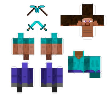 Kağıt Sanatı Pixel karakteri. Papercraft 5 Klasik Bloklar. Piksel arkaplan. Oyun geçmişi konsepti. Kahramanlık oyunları konsepti. Oyun konsepti. Vektör illüstrasyonu