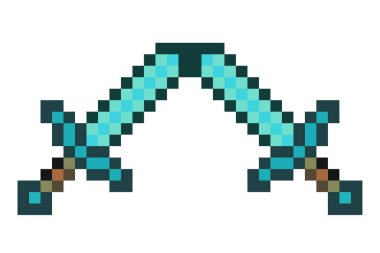 Yazdırma için piksel cephanelik şablonları. Oyun silahı kavramı. Piksel balta, kazma, kılıç, yay. Vektör illüstrasyonu EPS 10