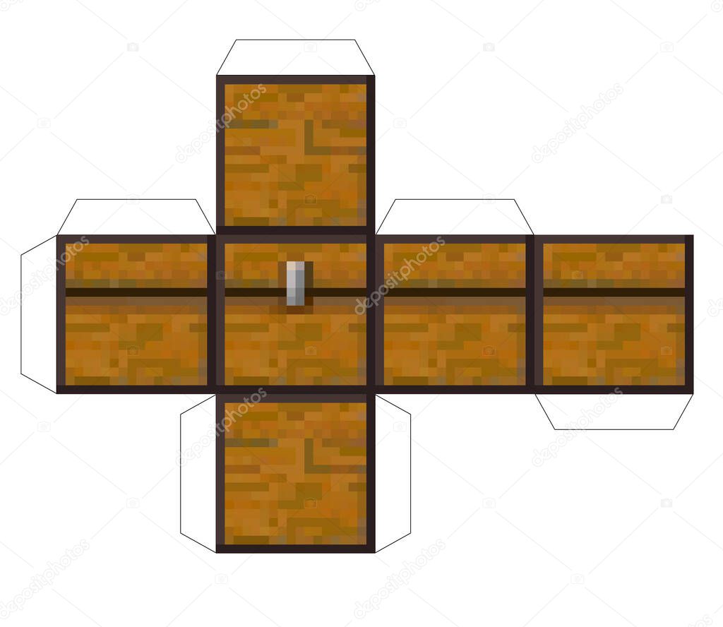 Papercraft Mini Dirt Block chest. Papercraft 5 Classic Blocks. Bricks and TNT. Pixel wood chest. The concept of games background. Minecraft concept. Vector illustration