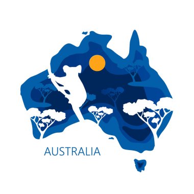 AUSTRALYA GÜN 26 Ocak. Avustralya kıtasının üç boyutlu dekoratif kağıt kesimi haritasında Kinguru siluetleri ve ağaçlar var. Vektör illüstrasyonu EPS 10