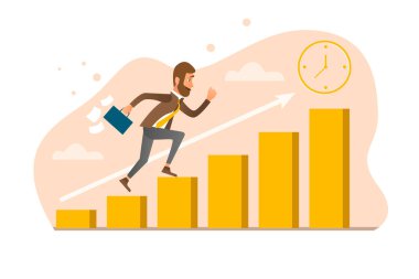 Elinde evrak çantası olan takım elbiseli bir adam şehrin arka planına karşı koşuyor. Çizgi film tarzı. Çizim İşe Geç Kalmak.