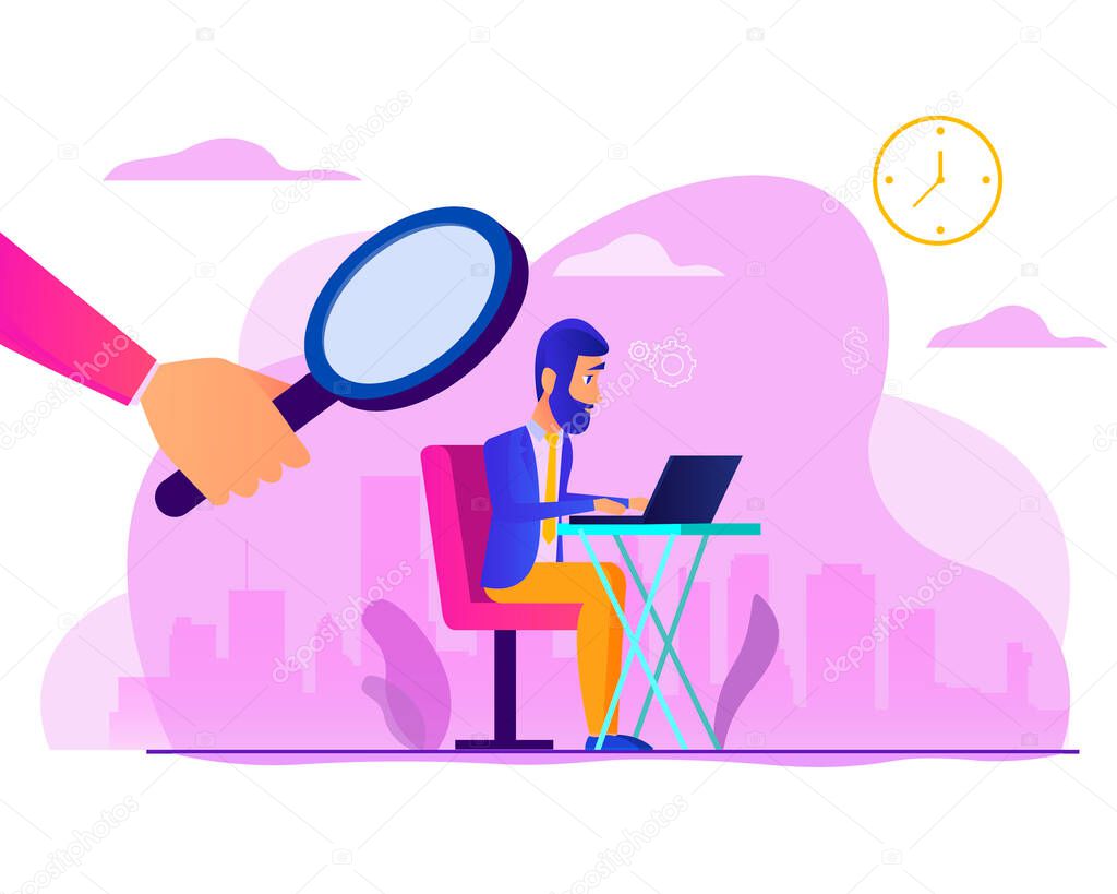 man works under the supervision of a boss. Superiors is watching over employee. Design element for banner, poster, web. Concept business vector illustration. Flat cartoon design