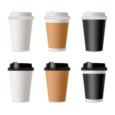 Kahve fincanı seti. Kafe için model şablonu, şirket kimlik tasarımı. Tek kullanımlık kağıt sofra takımı. Sıcak içecekler için vektör şablonu. Vektör illüstrasyonu EPS10