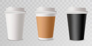 Kahve fincanı seti. Kafe için model şablonu, şirket kimlik tasarımı. Tek kullanımlık kağıt sofra takımı. Sıcak içecekler için vektör şablonu. Vektör illüstrasyonu EPS10