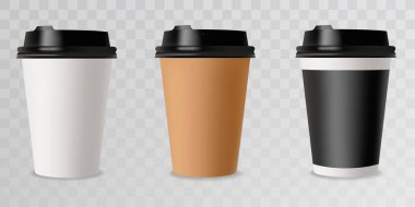 Kahve fincanı seti. Kafe için model şablonu, şirket kimlik tasarımı. Tek kullanımlık kağıt sofra takımı. Sıcak içecekler için vektör şablonu. Vektör illüstrasyonu EPS10