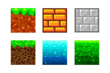 Piksel Sanat Simgeleri. 8 bitlik oyunlar için 2 boyutlu dokular. Vektör piksel dokuları kümesi. Piksel oyunu için nesneler. Oyun geçmişi konsepti. Vektör illüstrasyonu