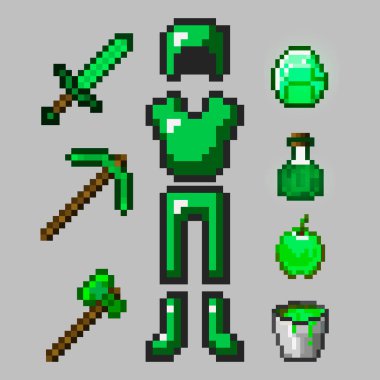 Büyük bir zümrüt piksel zırh seti gri arka planda izole edilmiş. Yeşil Zümrüt Zırh, Kılıç, Kazma, Balta, Taş, Elma, İksir. 8-bit stili düz bir şekilde çizilir. Piksel oyun nesneleri.