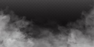 Beyaz sis ya da duman. Gerçekçi sis. Şeffaf arkaplanda atmosfer sisi ve duman bulutları izole edildi. Vektör soyut bulut dokusu