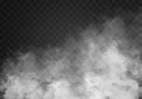 Niebla blanca o humo. Niebla realista. Efecto de niebla atmosférica y nubes de humo aisladas sobre fondo transparente. Textura abstracta de nube vectorial — Vector de stock