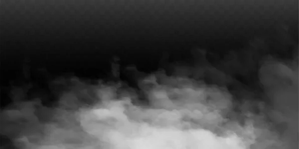 Névoa branca ou fumo. Nevoeiro realista. Efeito de névoa atmosférica e nuvens de fumaça isoladas em fundo transparente. Textura abstrata da nuvem vetorial — Vetor de Stock