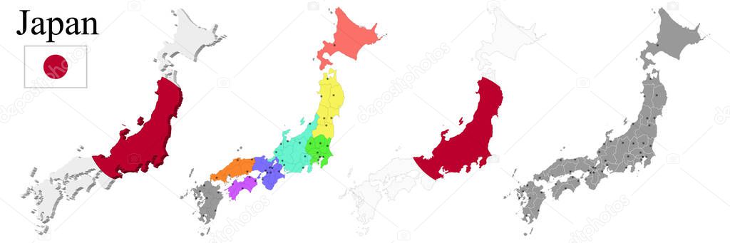 Flag of Japan on map and map with regional division. Vector illustration