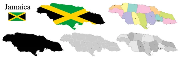 Conjunto Mapas Jamaica Con Regiones Bandera Mapa Silueta Tarjeta Ilustración — Archivo Imágenes Vectoriales