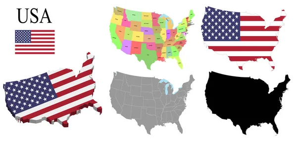 Conjunto Mapas Usa Con Regiones Bandera Mapa Silueta Tarjeta Ilustración — Vector de stock
