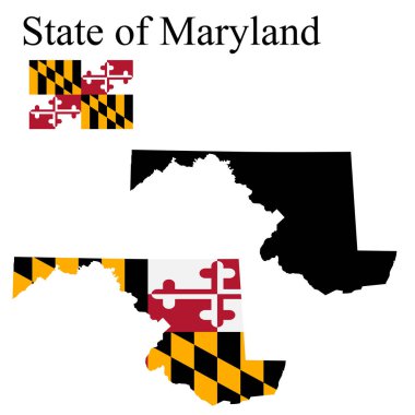 Maryland (ABD) haritaları. Haritada bayrak var. Kartın silueti. Vektör illüstrasyonu