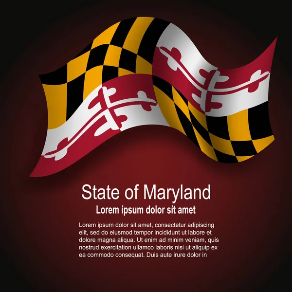 stock vector Flag of State of Maryland (USA) flying on dark background with text. Vector illustration