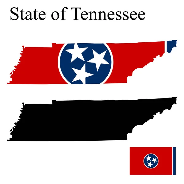 Serie Mappe Tennessee Usa Bandiera Sulla Mappa Silhouette Del Biglietto — Vettoriale Stock
