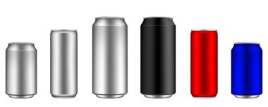 Soda, bira, limonata ve diğer içecekler için farklı boylarda ve farklı renklerde gerçekçi metal alüminyum kutular. Vektör illüstrasyonu beyaz arkaplanda izole edildi.