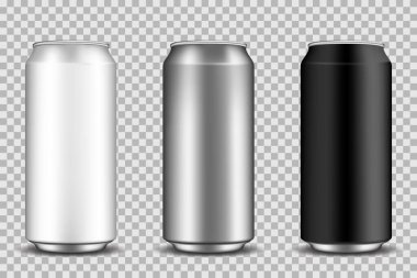Soda, bira, limonata ve diğer içecekler için farklı renkte gerçekçi metal alüminyum kutular. Vektör illüstrasyonu şeffaf arkaplanda izole edildi.