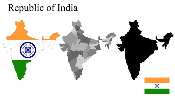 一套按区域划分的印度地图 地图上的旗子卡片的轮廓 矢量说明 — 图库矢量图片