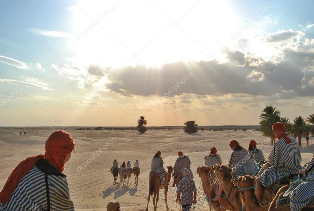Tourists on camel in sunlight
