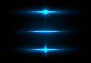 Koyu arkaplanda parlayan toz parçacıkları ile parlayan mavi ışık kümesi. Vektör illüstrasyonu