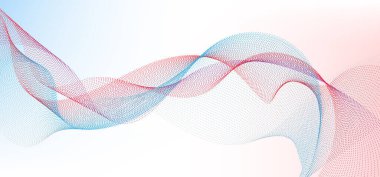 Soyut mavi ve kırmızı dalgalı parçacıklar beyaz zemin üzerinde düzgün kıvrımlı nokta sıvısı dizisi çiziyor. Vektör illüstrasyonu