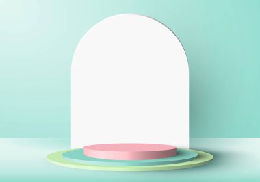 Yeşil nane arkaplanlı, yuvarlak dikdörtgen arkaplanlı 3 boyutlu yeşil ve pembe silindir podyum. Ekran şovu kozmetik ürünleri, vitrin, dükkan önü. Vektör illüstrasyonu