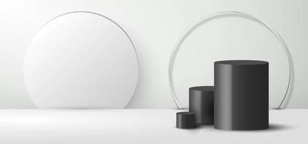 3D gerçekçi, boş, minimal siyah silindir şekilli ve temiz stüdyo odası arka planında beyaz arkaplan halka arkaplan ve ışıklandırmalı minimum tasarım. Kozmetik vitrini, dükkan önü, vitrin. Vektör illüstrasyonu