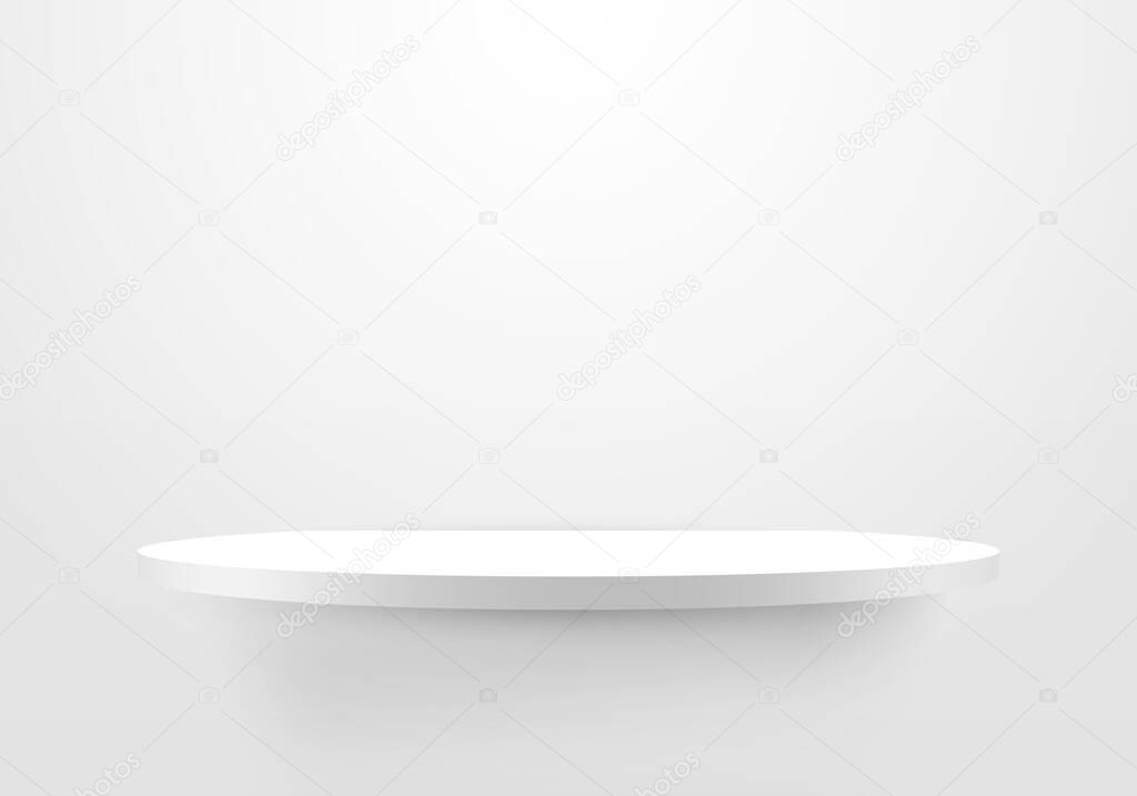 3D empty white shelf on clean wallpaper background. Minimal mockup design for product design presentation, showcase exhibition. Vector illustration