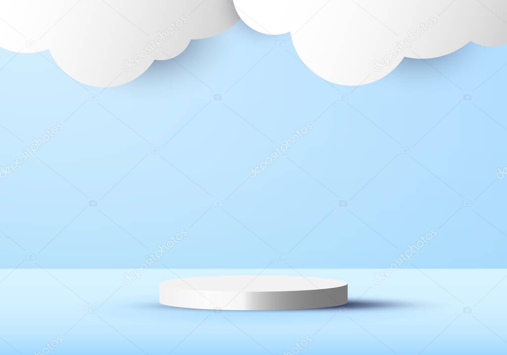 3D blue scene background with white cylinder podium and cloud paper cut style. You can use for display show cosmetic product, showcase, shop front. Vector illustration