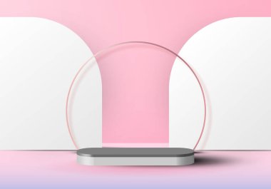 3D stüdyo odası arka planda geometrik beyaz ve gri silindir kaidesini en az pembe sahne arkaplanında gösterir. Kozmetik ürünler, vitrin vesaire için kullanabilirsiniz. Vektör illüstrasyonu