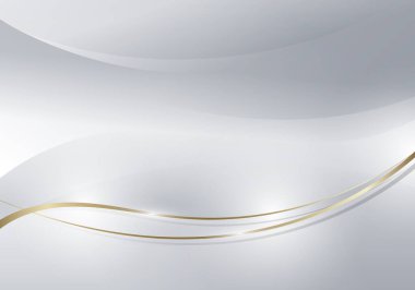 Beyaz ve gri kıvrımlı temiz arka plan lüks tarzında soyut altın parıldayan dalga çizgileri. Vektör illüstrasyonu