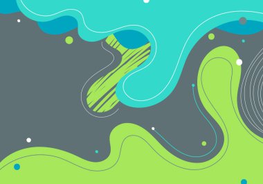 Soyut modern şablon yeşil ve mavi organik dinamik şekiller elementlerin bileşimleri renkli noktalar ve gri arkaplan üzerindeki çizgiler. Vektör illüstrasyonu